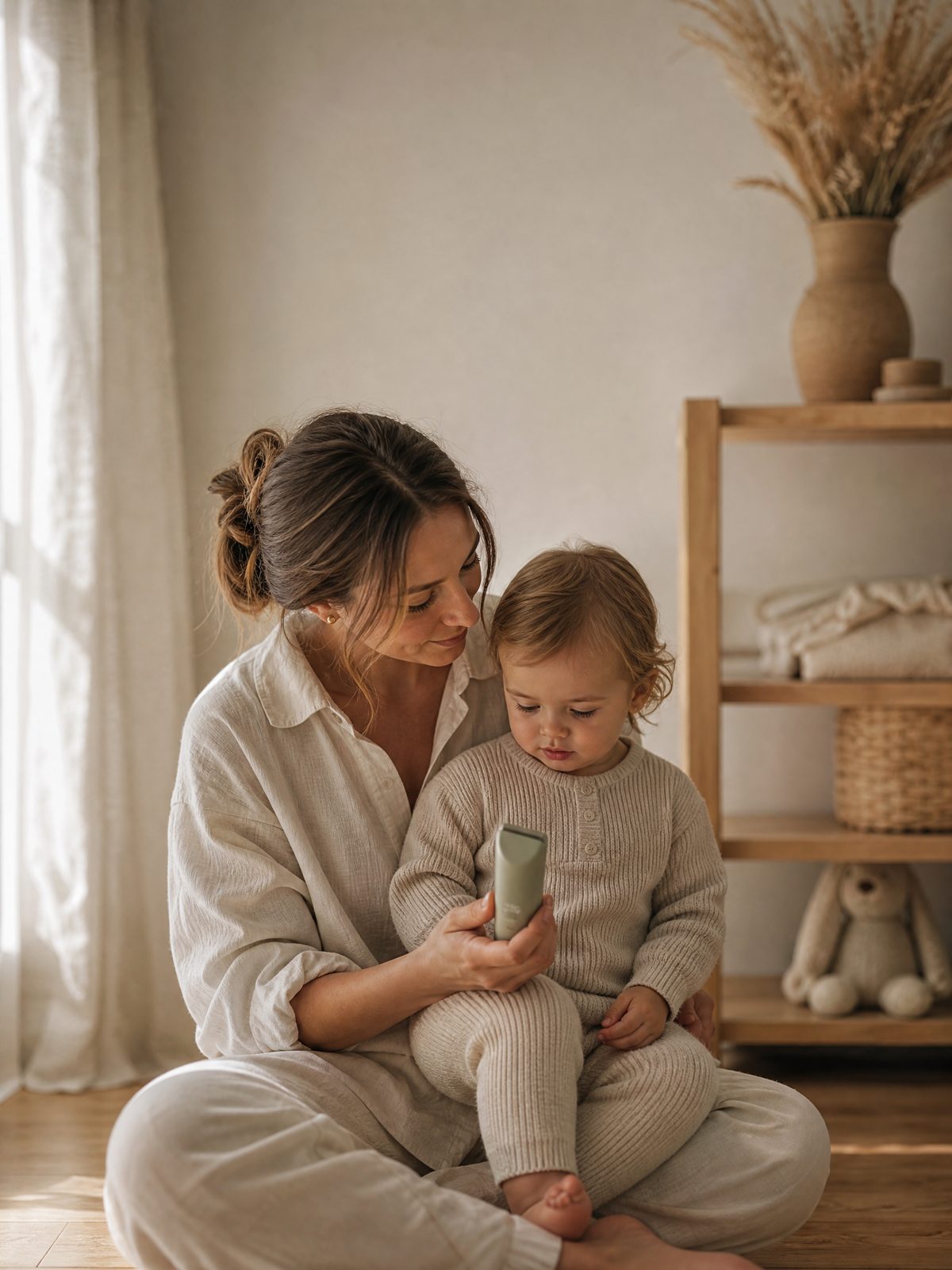 A parent sitting on the floor at home with their toddler, holding a Hushfern QuietClip