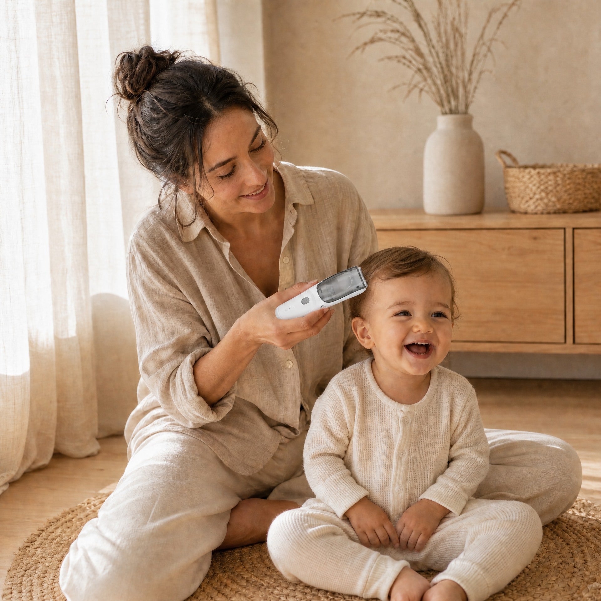 A parent gently trimming their baby's hair at home with the Hushfern QuietClip