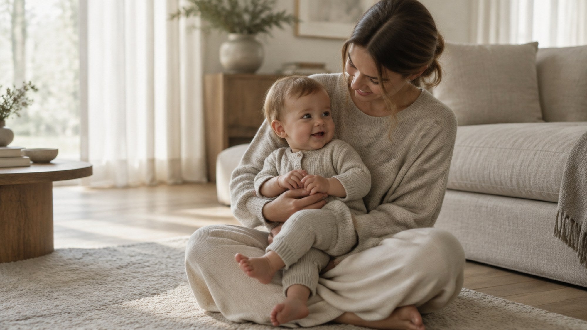 A parent and baby at home together, in the warm neutral world of Hushfern
