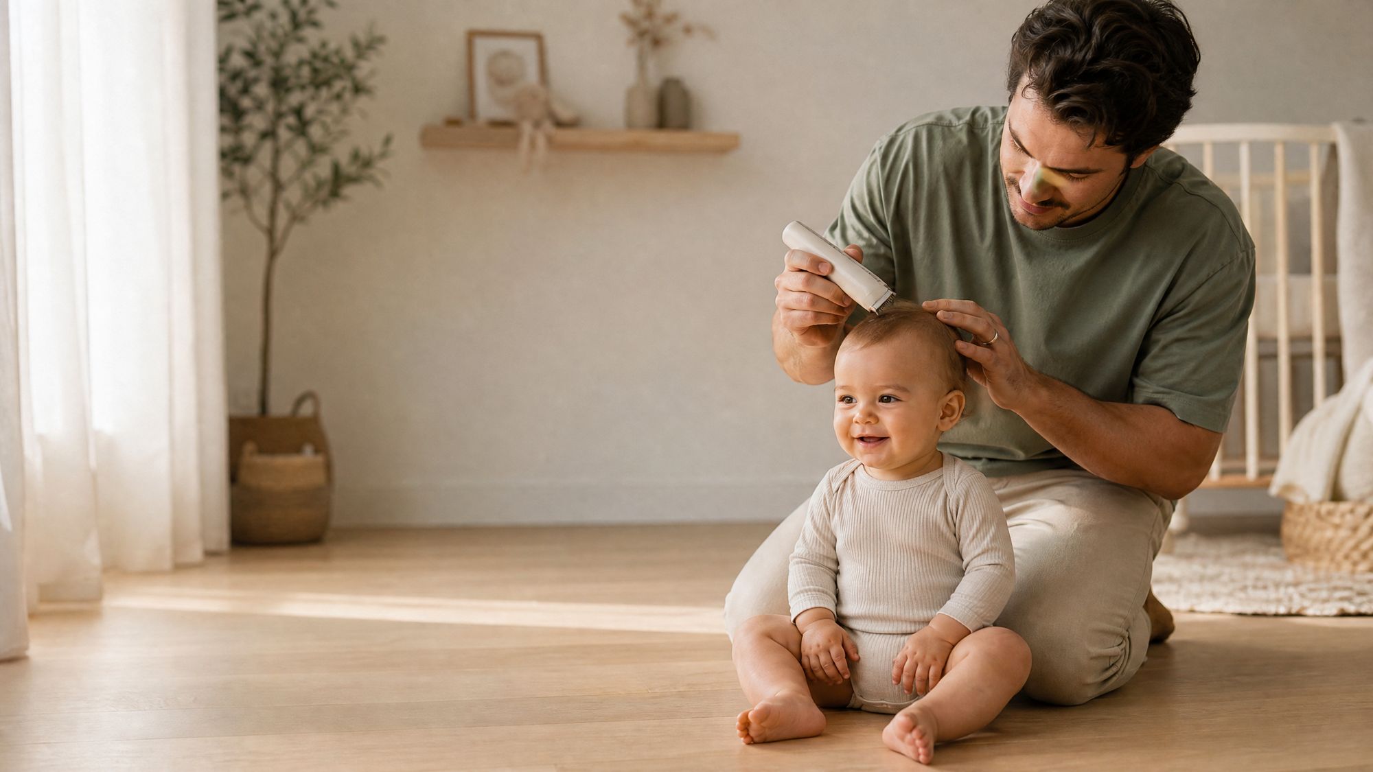 A parent gently trimming their baby's hair at home with the Hushfern QuietClip