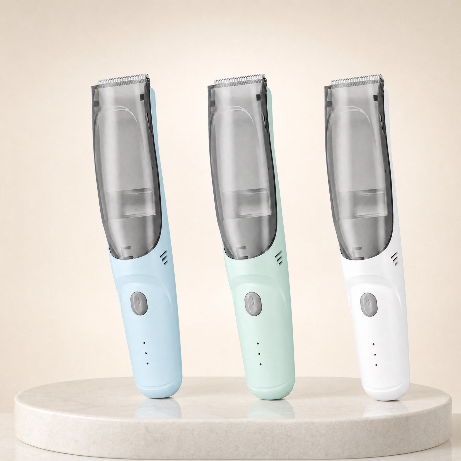Hushfern QuietClip shown in all three colours: Sky Blue, Mint and White