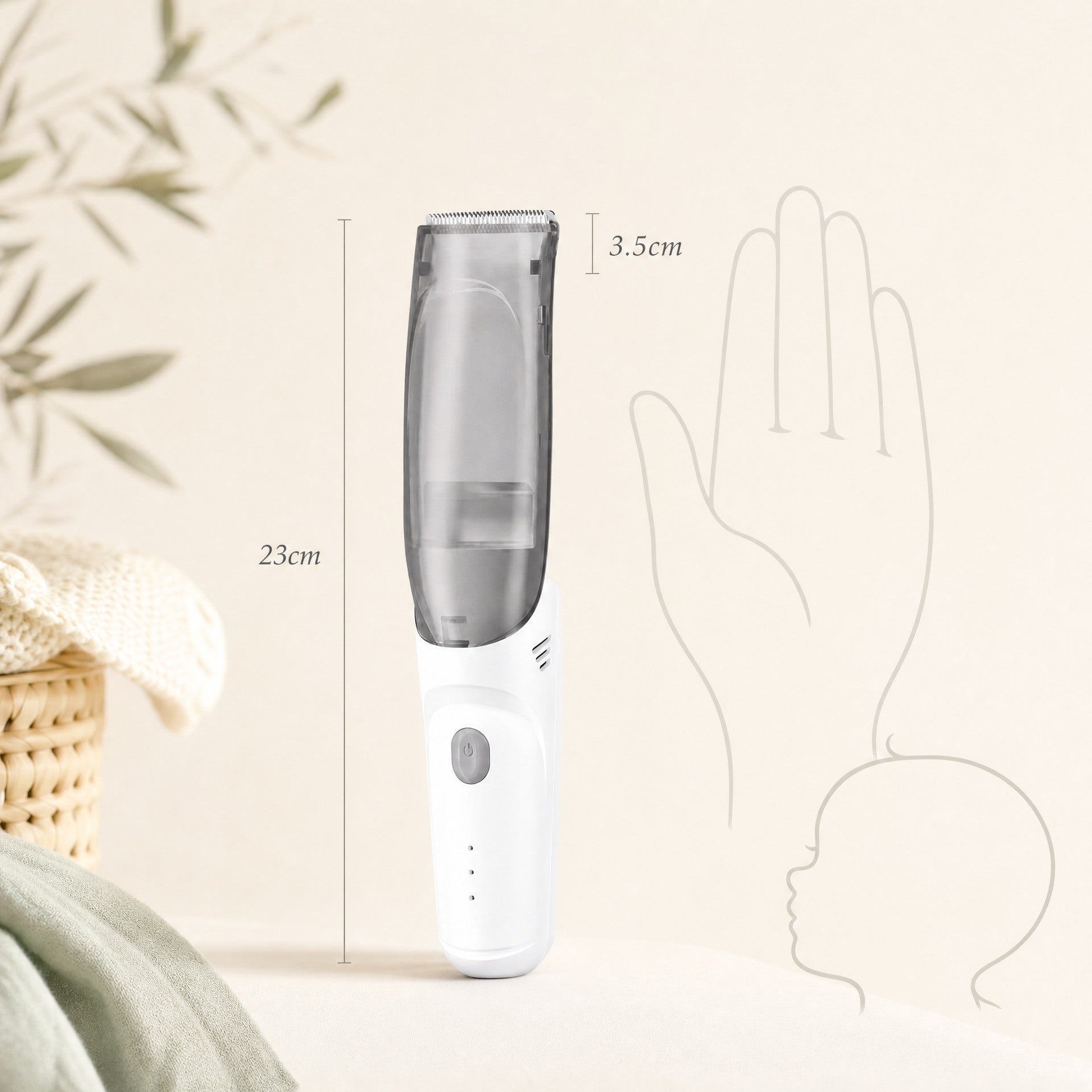 QuietClip shown at 23cm long with a 3.5cm head, held to scale against a soft neutral background