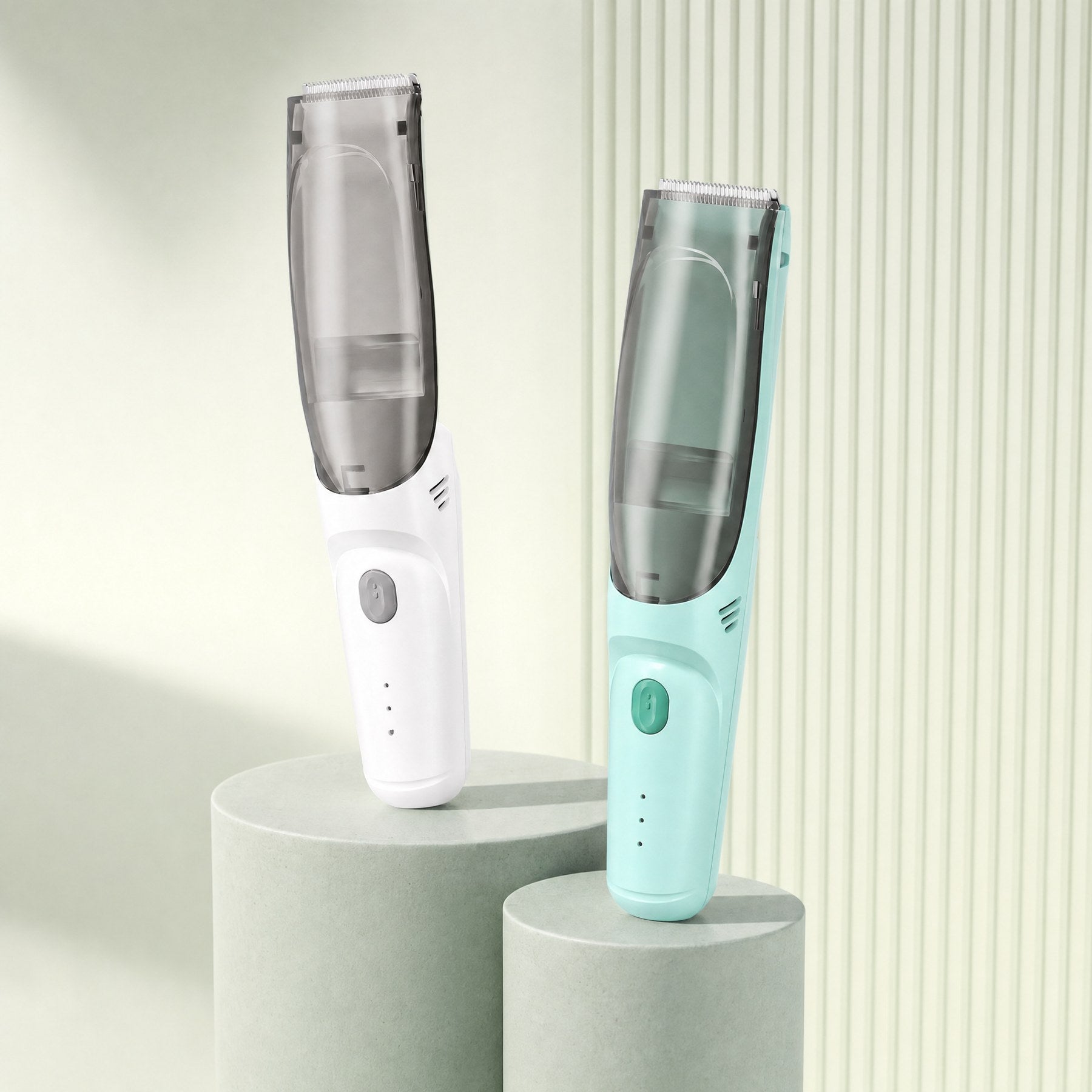 Hushfern QuietClip in White and Mint standing on soft green podiums