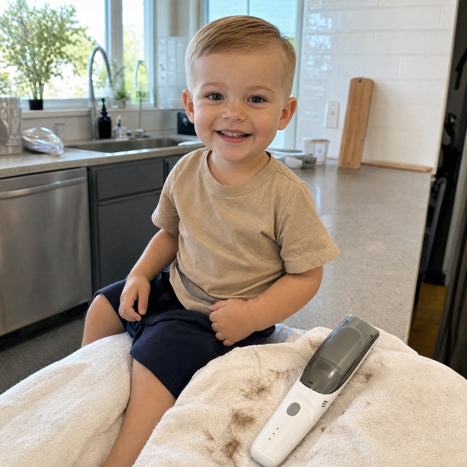 A happy toddler with a neat freshly cut haircut, the Hushfern QuietClip resting on a towel nearby
