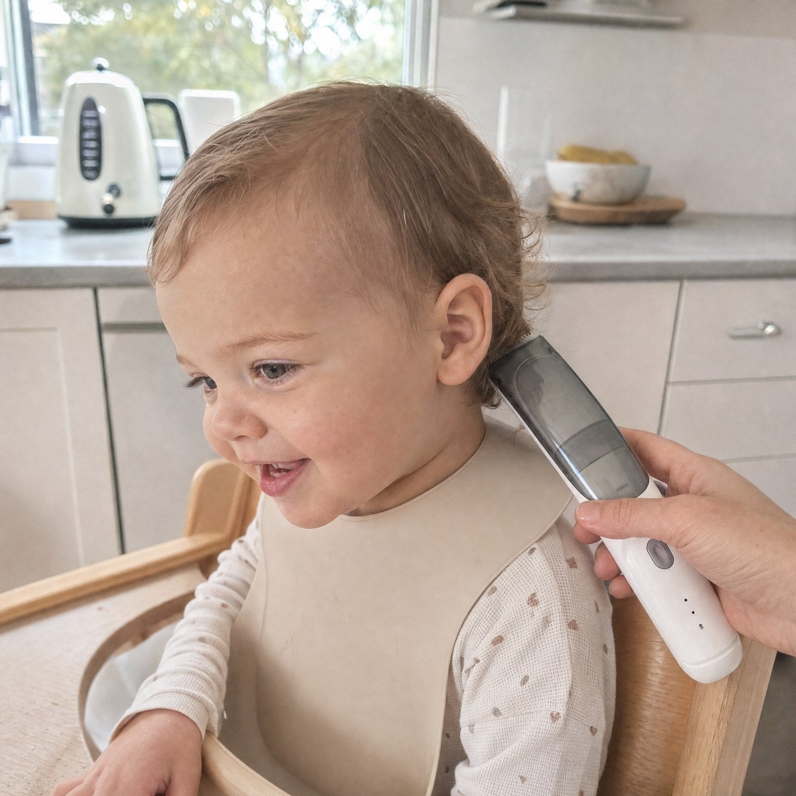 A toddler smiling calmly in a highchair while their hair is trimmed with the Hushfern QuietClip