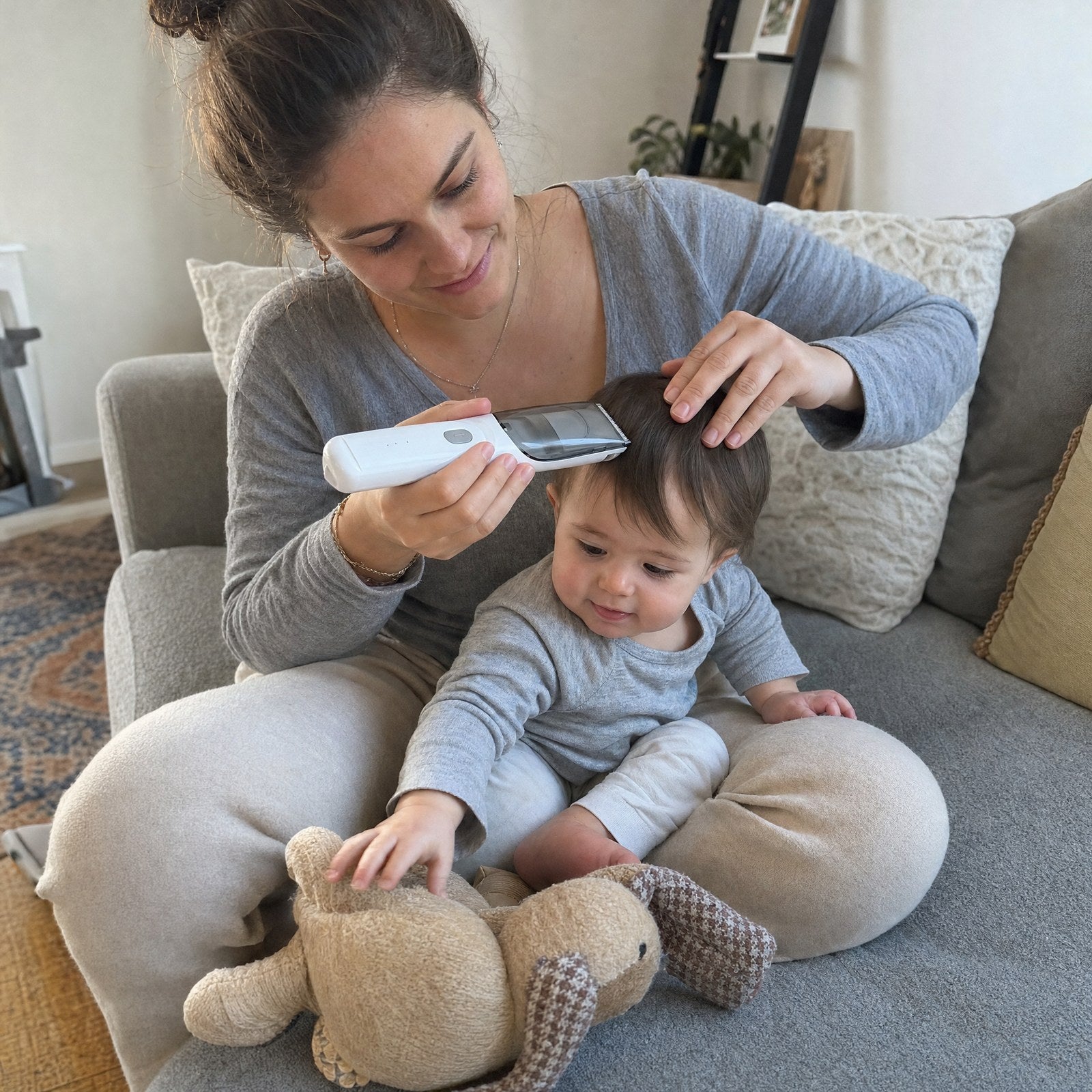 A mother trimming her baby's fringe on the couch while the baby plays with a soft toy