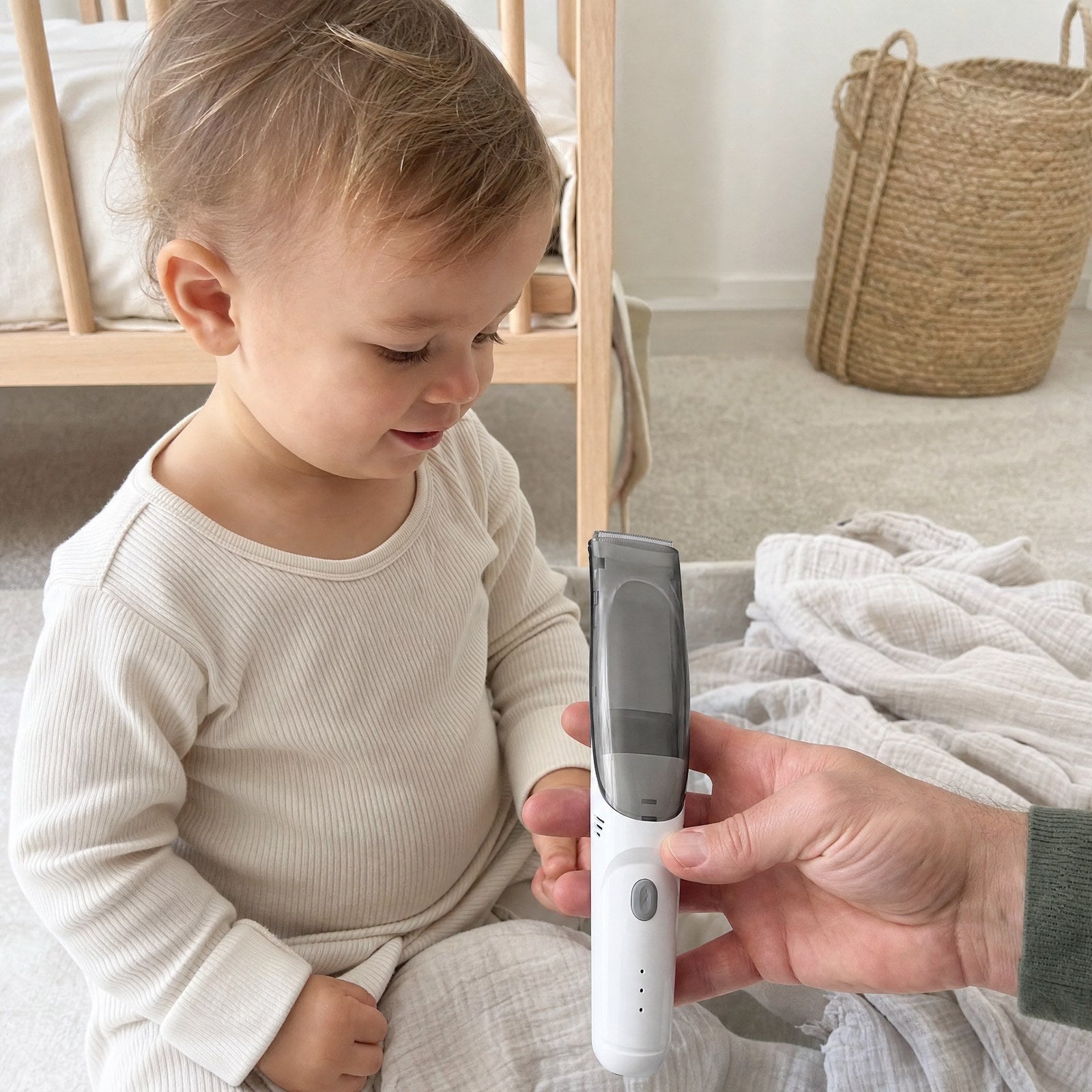 A toddler examining the Hushfern QuietClip in a nursery, unafraid of it
